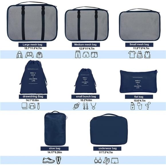 8 Set Packing Cubes Suitcases Blue Travel Luggage Packing Organizers Laundry Bag - Picture 4 of 6